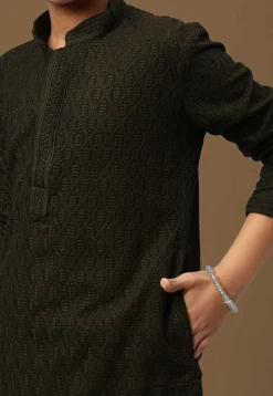 Chikankari Pure Cotton Kurta in Dark Olive Green