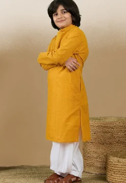 Chikankari Pure Cotton Kurta Set in Mustard