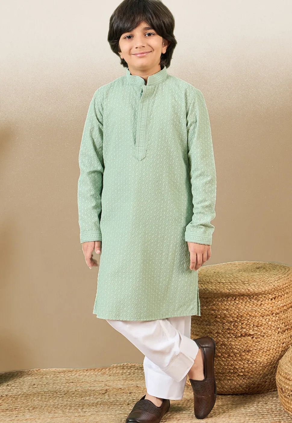 Chikankari Pure Cotton Kurta Set in Pastel Green