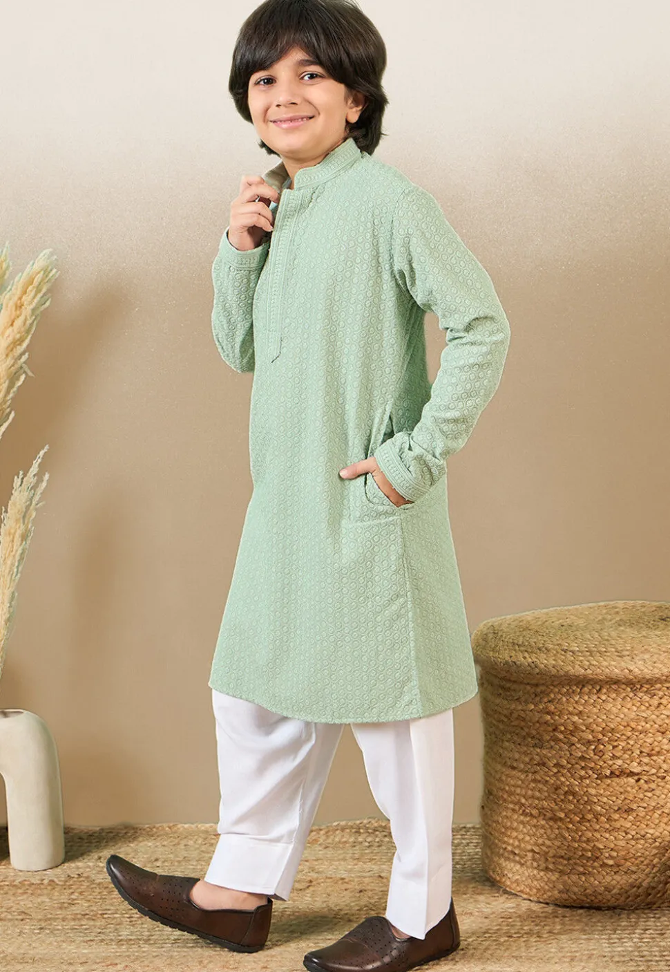 Chikankari Pure Cotton Kurta Set in Pastel Green