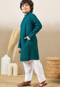 Chikankari Pure Cotton Kurta Set in Teal Blue
