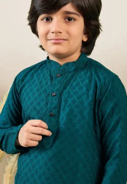 Chikankari Pure Cotton Kurta Set in Teal Blue