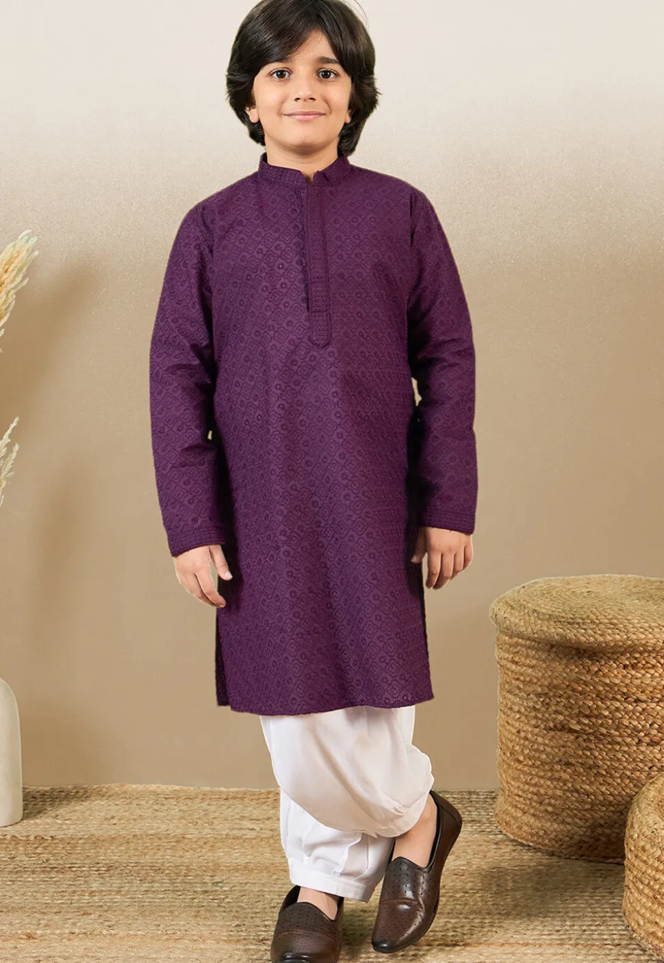 Chikankari Pure Cotton Kurta Set in Purple