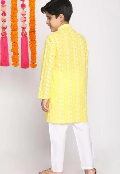 Chikankari Pure Cotton Sherwani Set in Yellow
