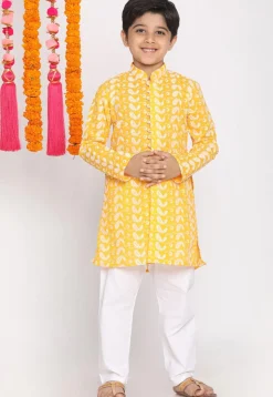Chikankari Pure Cotton Sherwani Set in Mustard