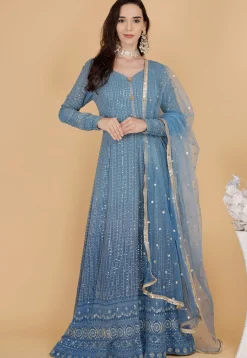 Chikankari Pure Georgette Abaya Style Suit in Blue
