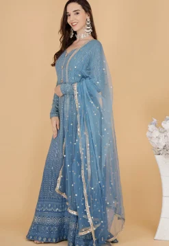 Chikankari Pure Georgette Abaya Style Suit in Blue