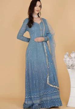 Chikankari Pure Georgette Abaya Style Suit in Blue