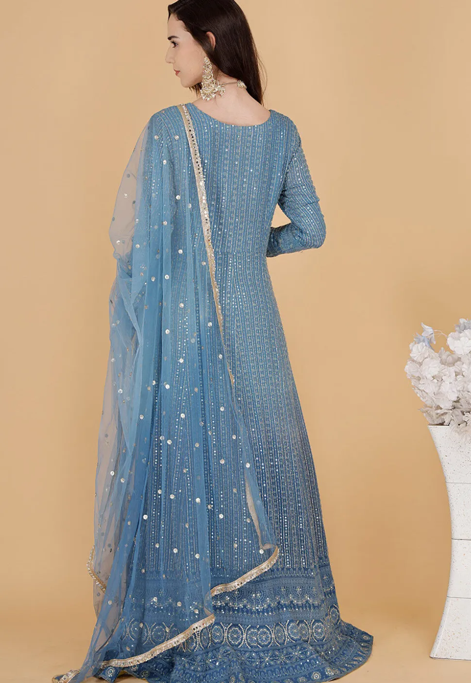 Chikankari Pure Georgette Abaya Style Suit in Blue