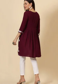 Chikankari Rayon A Line Kurti in Wine