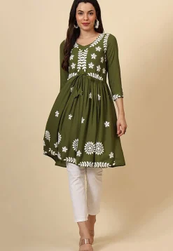 Chikankari Rayon A Line Kurti in Olive Green