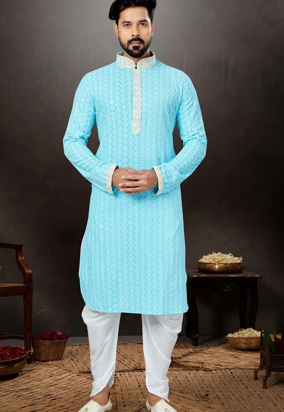 Chikankari Rayon Dhoti Kurta in Sky Blue