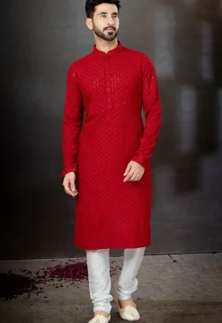 Chikankari Rayon Kurta Set in Red