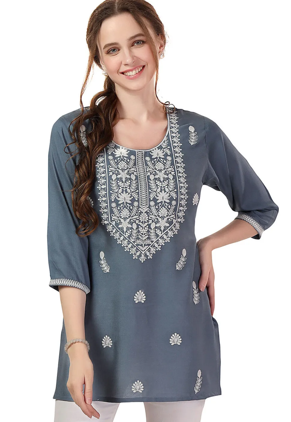 Chikankari Rayon Short Kurti in Grey