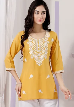 Chikankari Rayon Short Kurti in Yellow