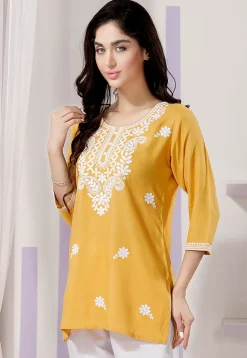 Chikankari Rayon Short Kurti in Yellow