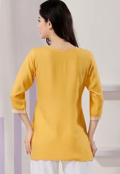 Chikankari Rayon Short Kurti in Yellow