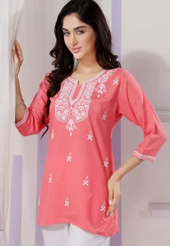 Chikankari Rayon Short Kurti in Peach