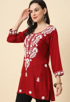 Chikankari Rayon Straight Kurti in Maroon