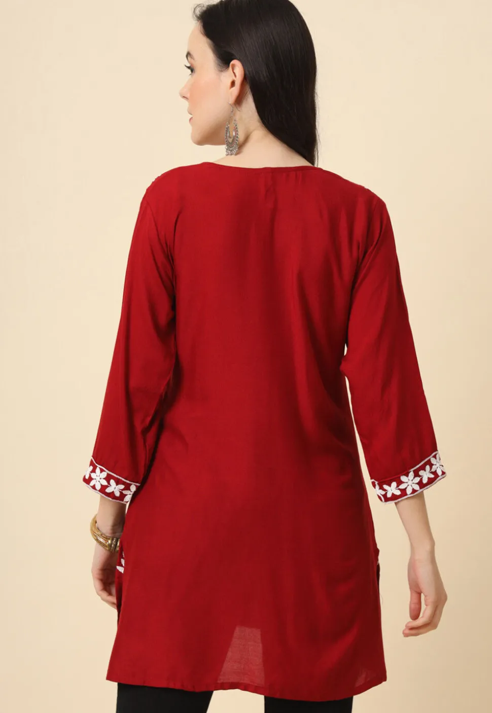 Chikankari Rayon Straight Kurti in Maroon