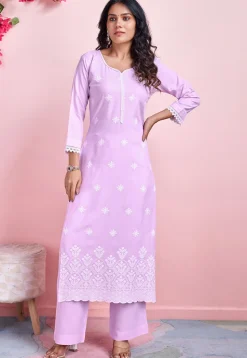 Chikankari Rayon Straight Kurta Set in Light Purple