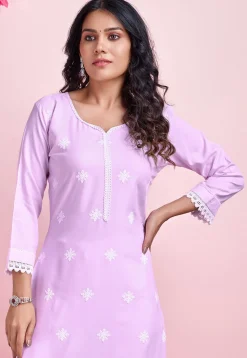 Chikankari Rayon Straight Kurta Set in Light Purple