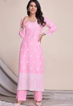 Chikankari Rayon Straight Kurta Set in Pink