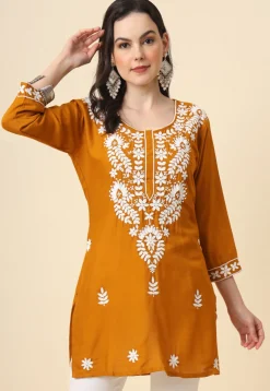 Chikankari Rayon Straight Kurti in Mustard