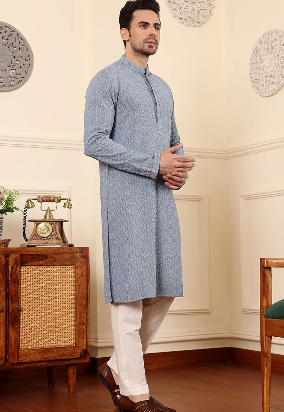Chikankari Viscose Rayon Kurta Set in Grey