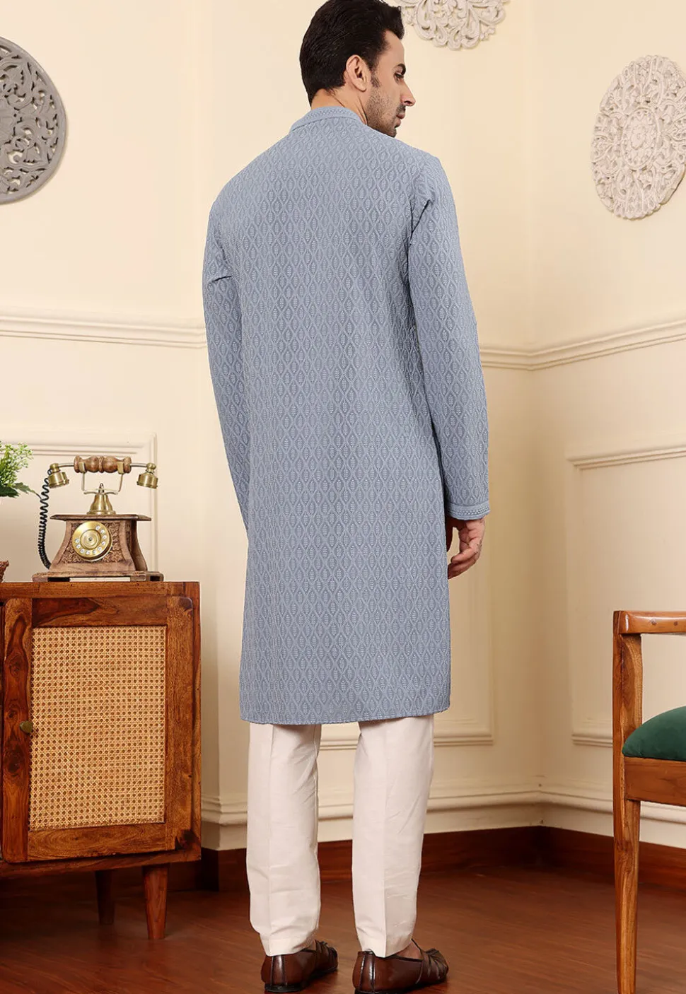 Chikankari Viscose Rayon Kurta Set in Grey
