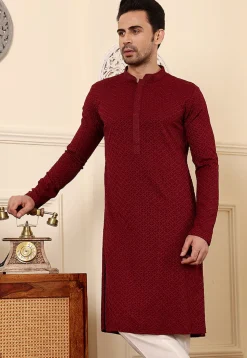 Chikankari Viscose Rayon Kurta in Maroon