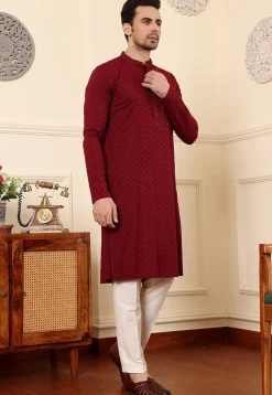Chikankari Viscose Rayon Kurta in Maroon