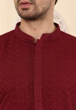 Chikankari Viscose Rayon Kurta in Maroon