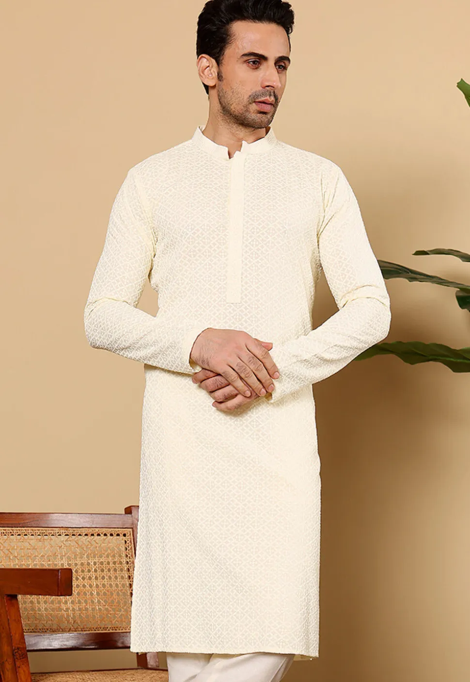 Chikankari Viscose Rayon Kurta in Cream