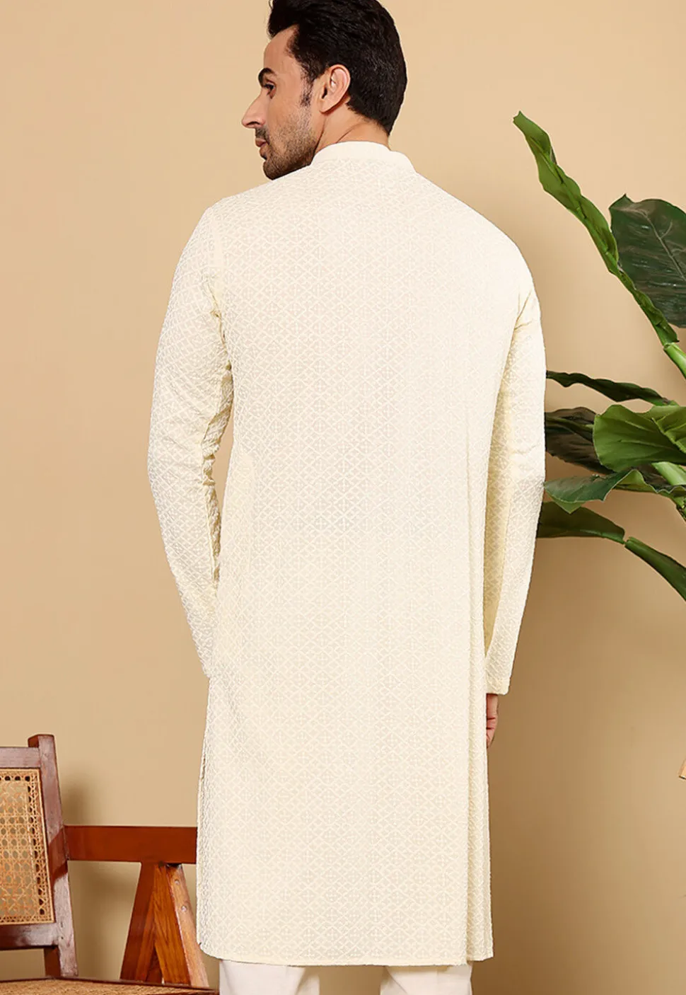 Chikankari Viscose Rayon Kurta in Cream