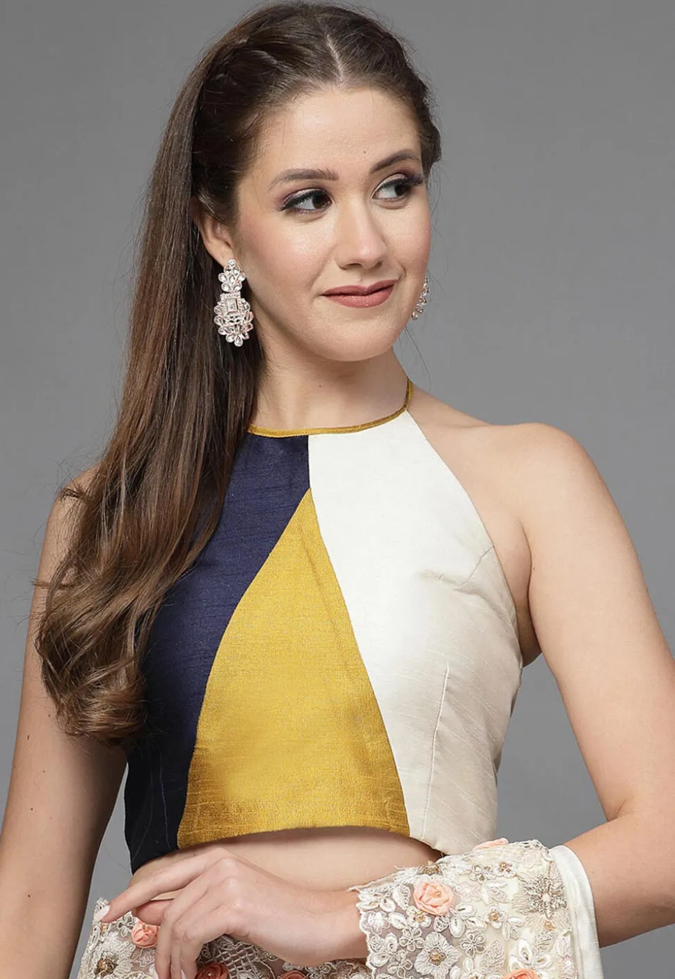 Color Block Taffeta Silk Blouse in Multicolor