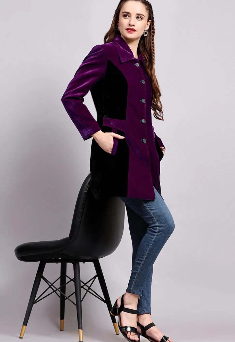 Color Block Velvet Jacket in Purple and Black