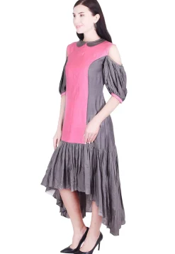 Color Blocked Art Silk Asymmetric Tunic in Pink and Grey