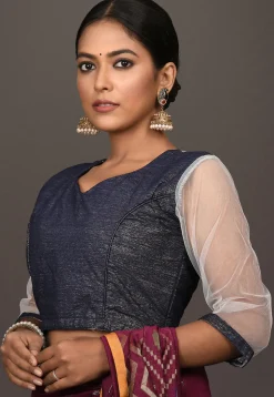 Color Blocked Art Silk Blouse in Navy Blue and White