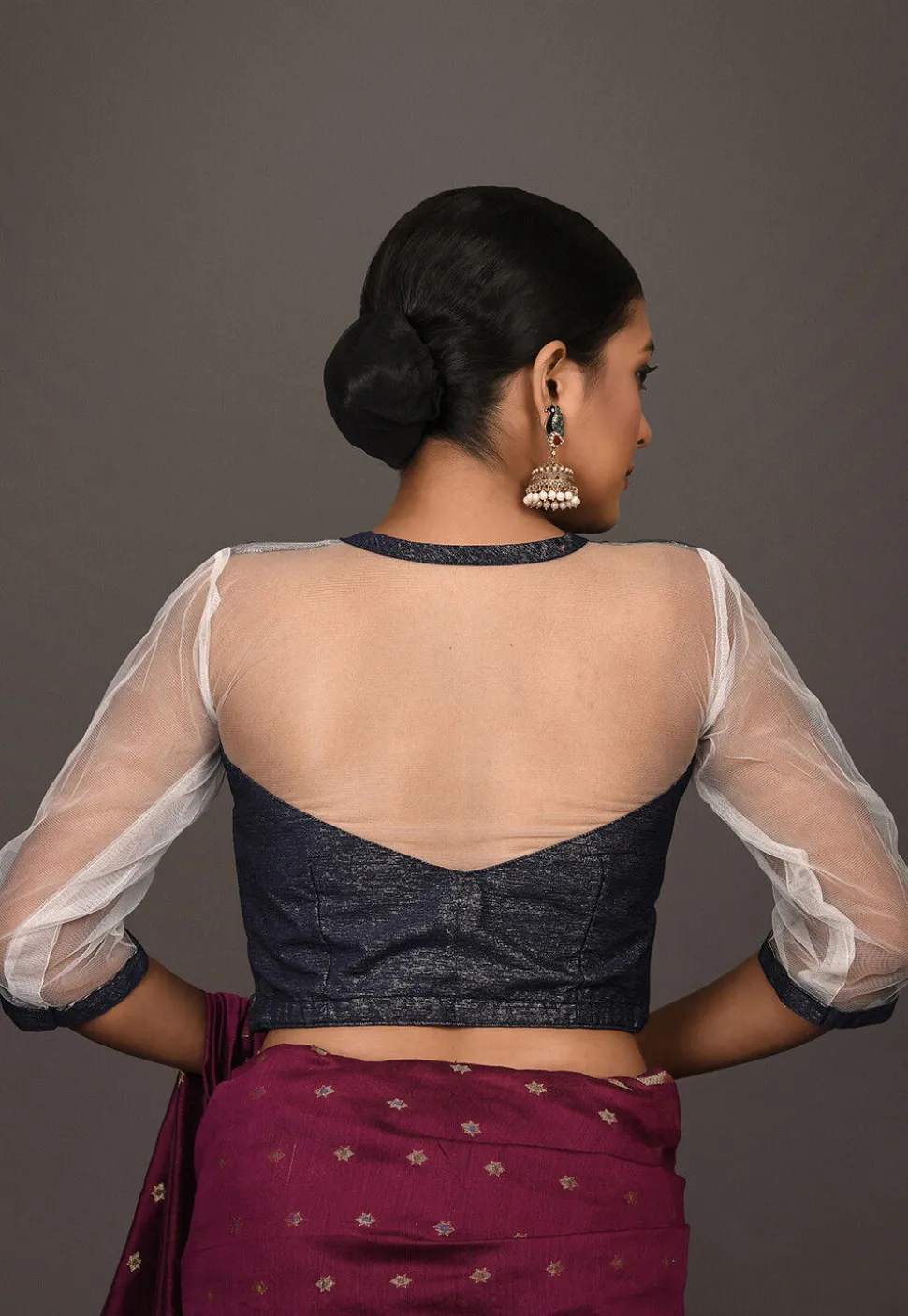 Color Blocked Art Silk Blouse in Navy Blue and White