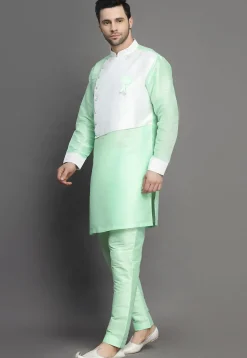 Color Blocked Art Silk Kurta Set in Sea Green