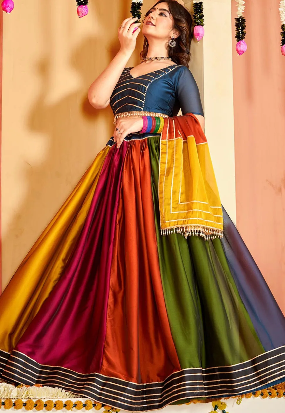Color Blocked Art Silk Lehenga in Multicolor