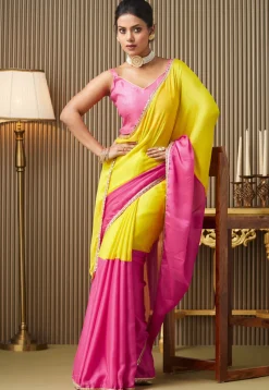 Color Blocked Chiffon Saree in Yellow and Pink