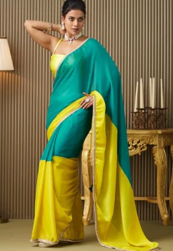 Color Blocked Chiffon Saree in Turquoise and Yellow