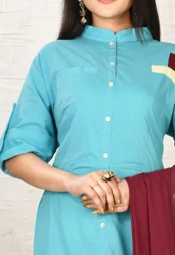 Color Blocked Cotton Abaya Style Suit in Light Blue and Maroon