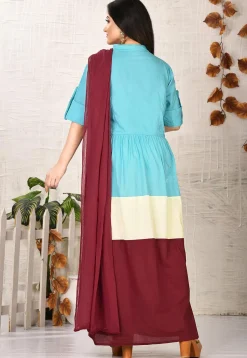 Color Blocked Cotton Abaya Style Suit in Light Blue and Maroon
