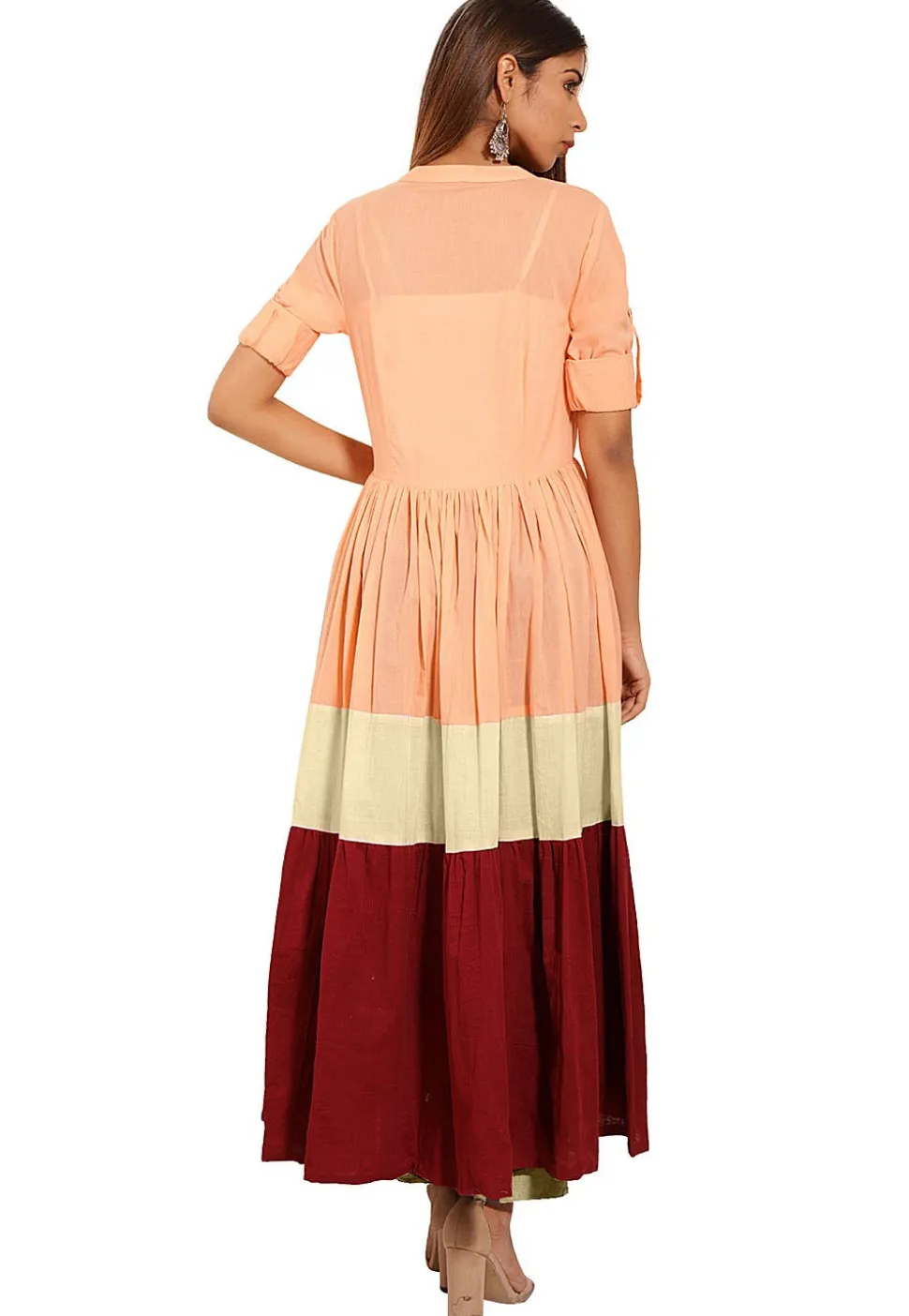 Color Blocked Cotton A-Line Kurta in Peach and Maroon