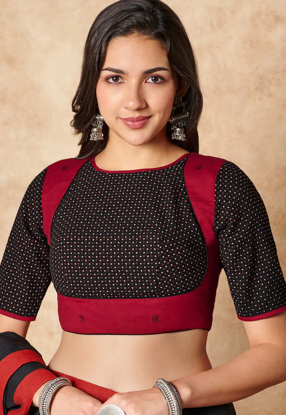 Color Blocked Cotton Blouse in Black and Red