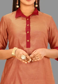 Color Blocked Cotton Chanderi Layered Kurta in Peach and Red