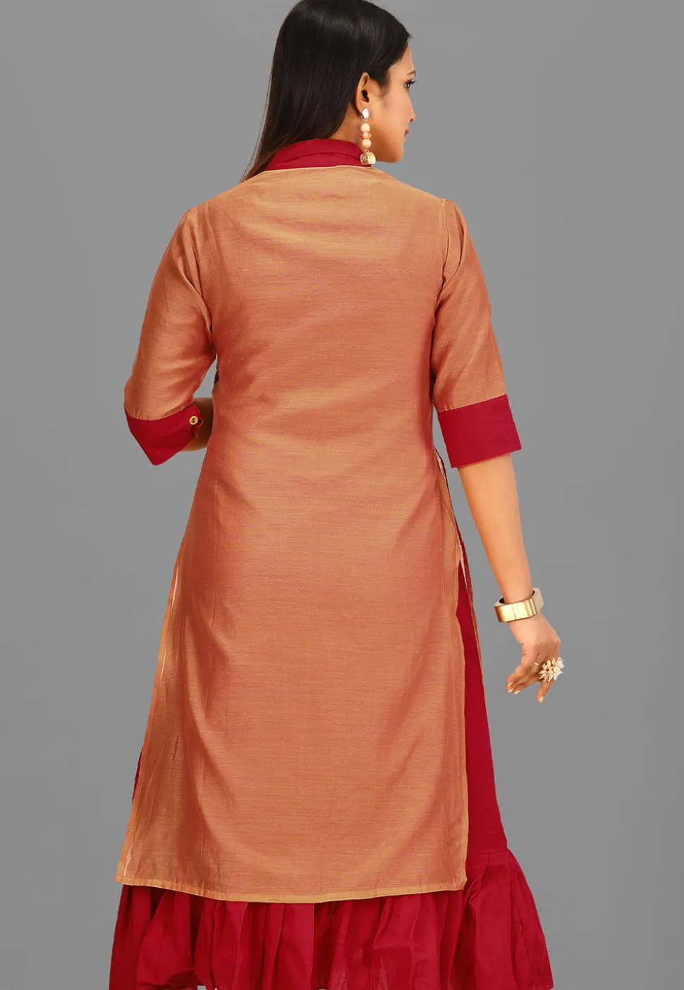 Color Blocked Cotton Chanderi Layered Kurta in Peach and Red